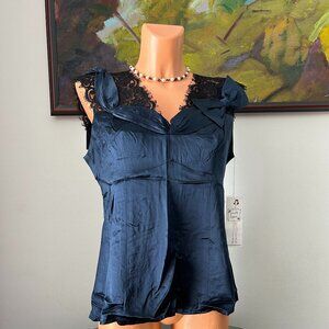 Nanette Lepore NWT Charmed Navy Blue Silk Blouse w/ Black Lace